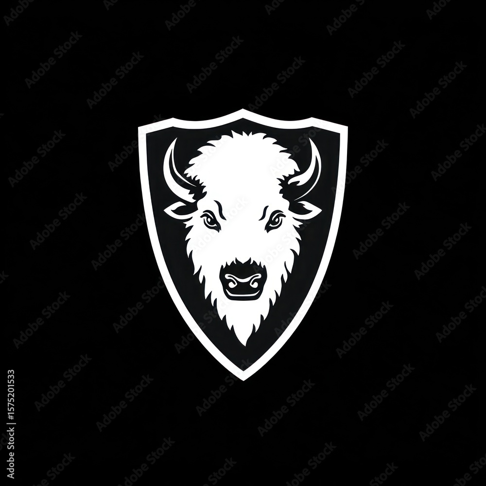 Obraz premium Buffalo head centered on a shield, simplified, monochrome vector