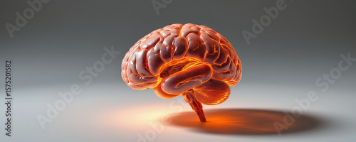 Human brain model glowing with orange light showing detailed anatomical structure