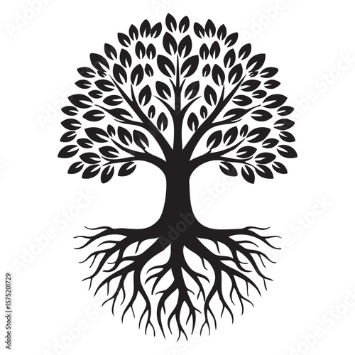 Circular Tree of Life with Roots Silhouette Vector Logo