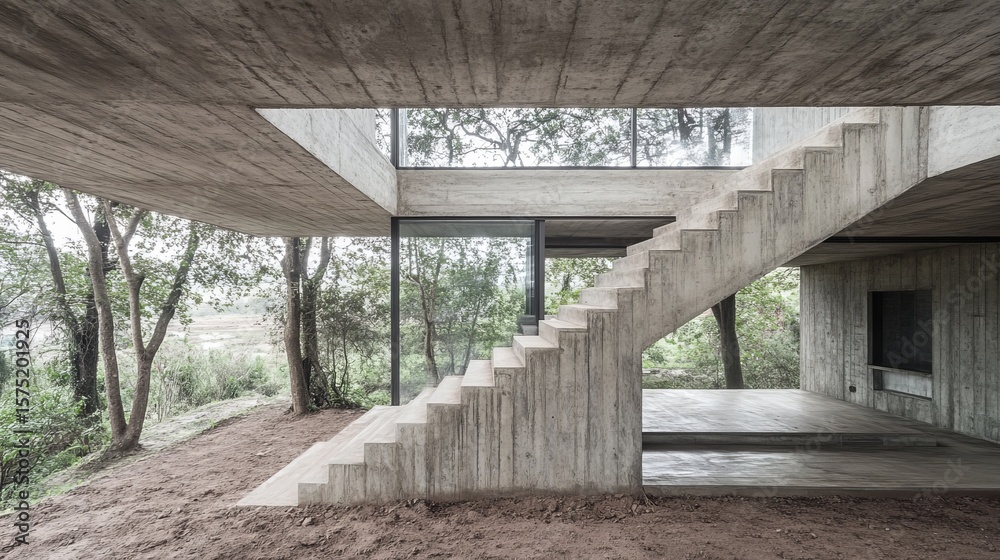 Fototapeta premium Concrete staircase house nestled in a wooded landscape, featuring large windows and open-plan design