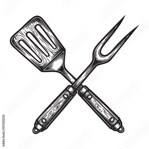 Crossed BBQ Spatula and Fork Vintage Engraving Vector