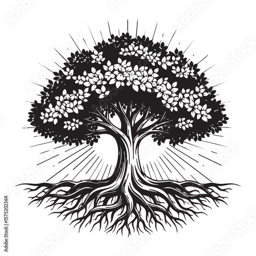 Circular Tree of Life with Roots Silhouette Vector Logo