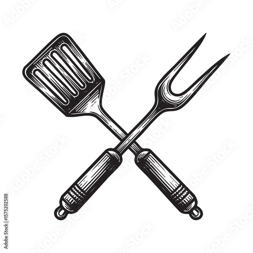 Crossed BBQ Spatula and Fork Vintage Engraving Vector