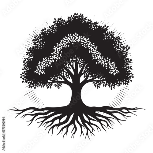 Circular Tree of Life with Roots Silhouette Vector Logo