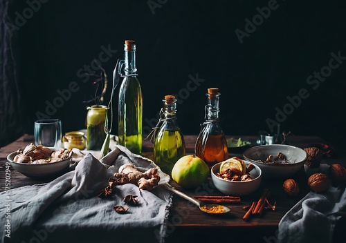 Fototapeta Naklejka Na Ścianę i Meble -  Autumn spices and oil infused arrangement