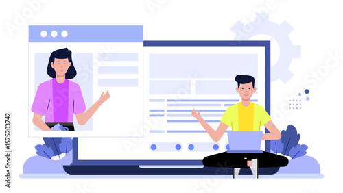 Remote team syncing updates on task management platform flat vector illustration