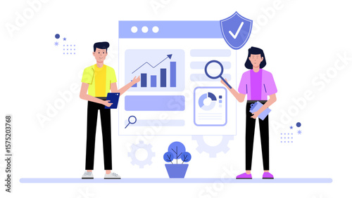Marketing manager evaluating conversion rate on landing page flat vector illustration