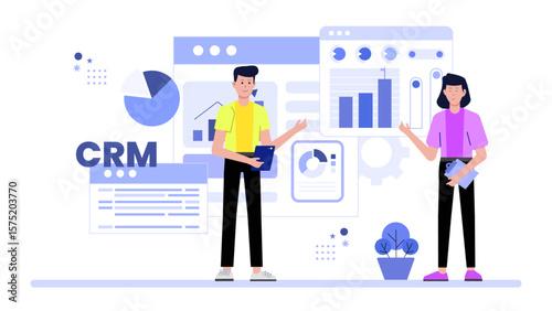Sales team reviewing CRM activity reports flat vector illustration