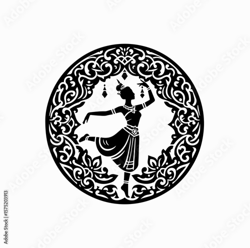 Minimalist Black Vector Logo of Traditional Thai Dancer with Ornamental Thai Pattern Isolated on White Background