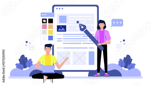 Design team aligning visuals with brand identity flat vector illustration