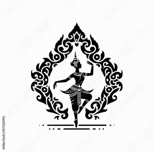 Minimalist Black Vector Logo of Traditional Thai Dancer with Ornamental Thai Pattern Isolated on White Background