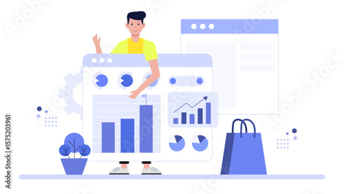 Business owner analyzing product bundling strategy flat vector illustration