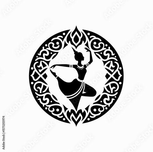 Minimalist Black Vector Logo of Traditional Thai Dancer with Ornamental Thai Pattern Isolated on White Background
