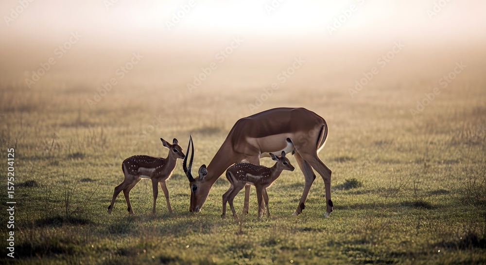 Naklejka premium Impala Family Grazing in Foggy Field at Sunrise Peaceful Wildlife Scene