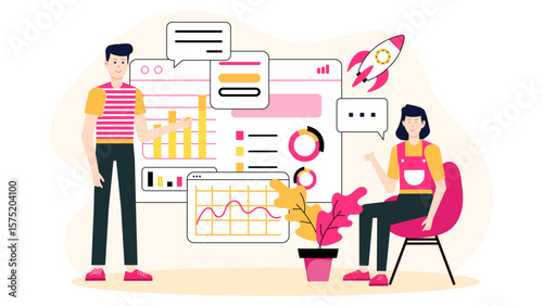 Startup pitching subscription model to business partners flat vector illustration