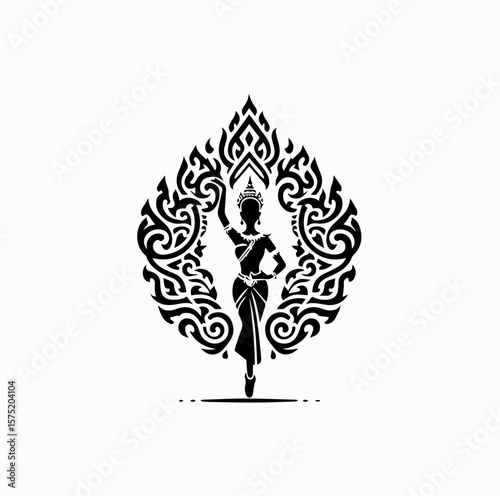 Minimalist Black Vector Logo of Traditional Thai Dancer with Ornamental Thai Pattern Isolated on White Background
