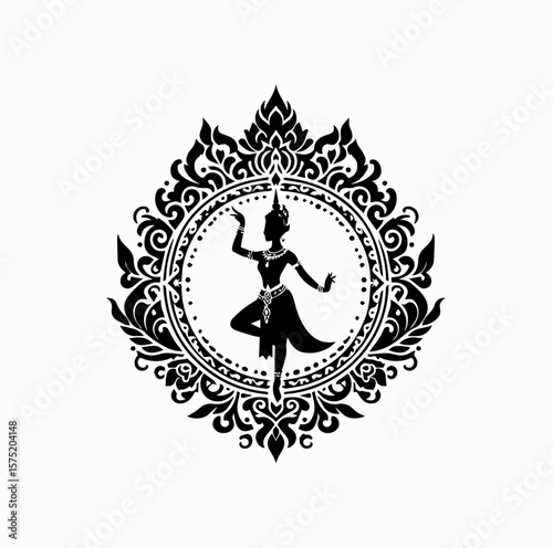 Minimalist Black Vector Logo of Traditional Thai Dancer with Ornamental Thai Pattern Isolated on White Background