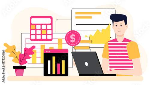 Finance expert analyzing cost per acquisition performance flat vector illustration