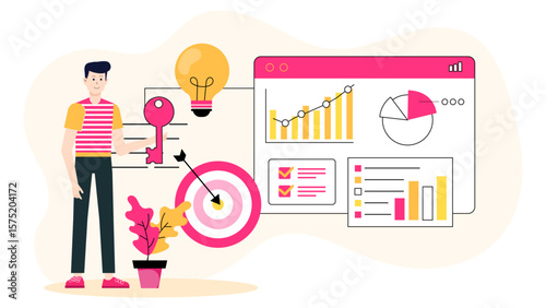 CEO presenting key results during strategy meeting flat vector illustration