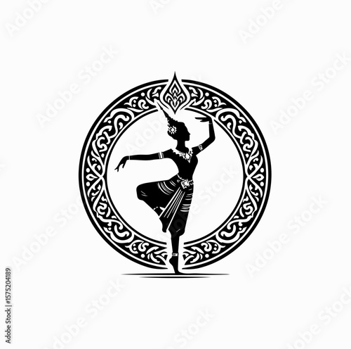 Minimalist Black Vector Logo of Traditional Thai Dancer with Ornamental Thai Pattern Isolated on White Background
