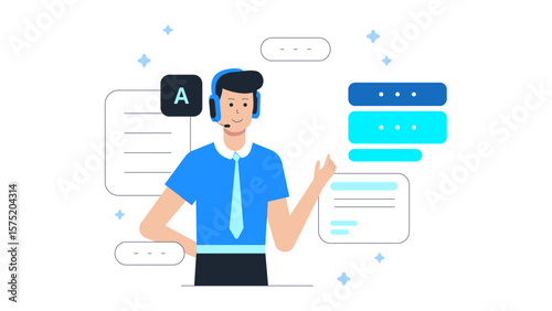 Support agent managing multilingual customer service flat vector illustration