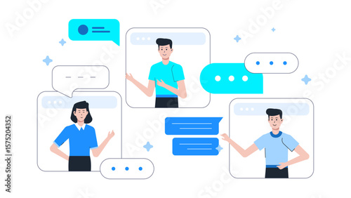 Remote team sharing weekly updates via group chat flat vector illustration