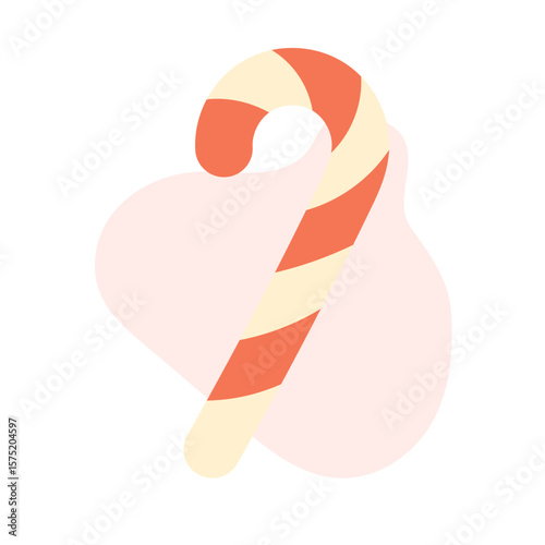 Red and white striped candy cane in festive flat style, cane symbolizing holiday sweetness, candy cane illustration ideal for Christmas packaging and winter decor.