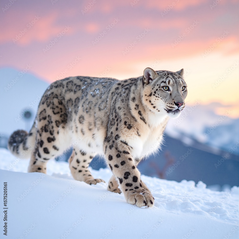Fototapeta premium A majestic snow leopard gracefully traverses a rugged mountain slope, its thick, spotted fur blending with the snowy landscape under a clear blue sky.