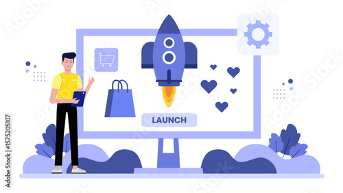 Entrepreneur Launching Preorder Campaign Online, Flat Vector Illustration