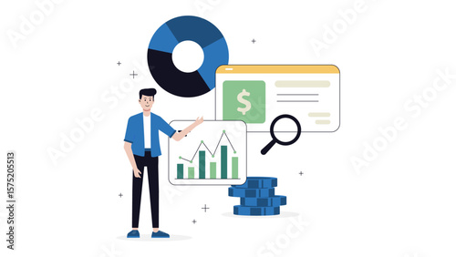 Marketing Analyst Comparing Organic and Paid Reach, Flat Vector Illustration