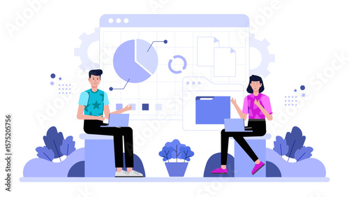 Employees Sharing Project Status via Chat Integration Flat Vector Illustration