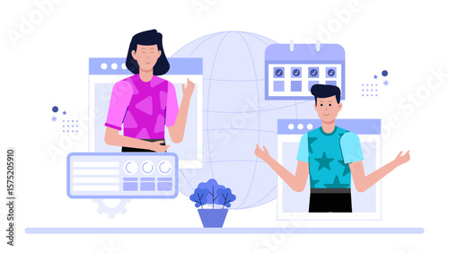 Scrum Team Holding Daily Stand-Up Online Flat Vector Illustration