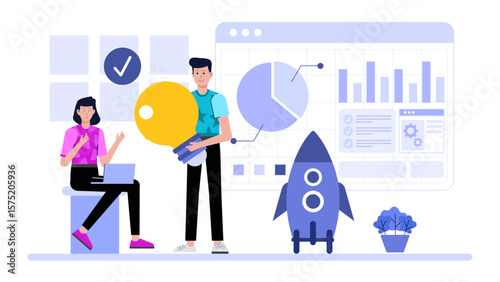 Startup Team Running Product Validation Interviews Flat Vector Illustration