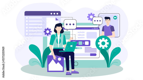 Employees Sharing Project Status via Chat Integration Flat Vector Illustration