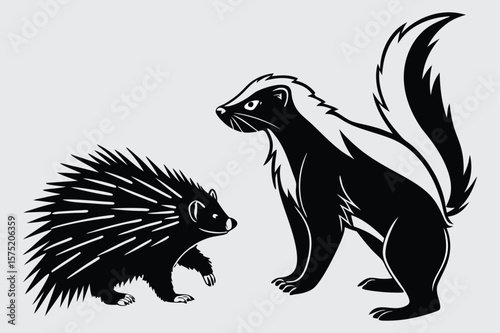 Porcupine and skunk staring each other down image silhouette design vector art and illustration