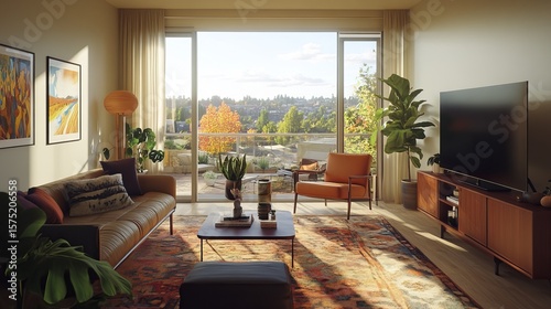 Sunlit living room with mid-century modern furniture, large window showcasing autumnal landscape view, and potted plants adding a touch of nature indoors