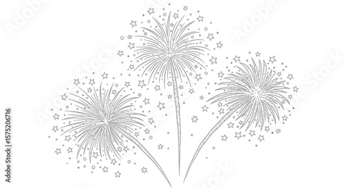 A collection of three detailed fireworks bursting with radiant light, depicted in a vector illustration against a clean, white background, perfect for celebratory designs.