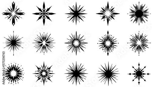 A collection of diverse starburst and explosion graphic elements, perfect for adding dynamic flair to designs, presented as clean vector illustrations.