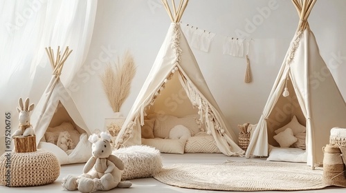 A serene playroom features three beige teepees, plush toys, and woven accents, creating a calming and imaginative space for children