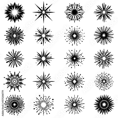 A collection of dynamic black and white fireworks vector illustrations in various starburst and explosion designs, perfect for celebratory events and graphic design projects.