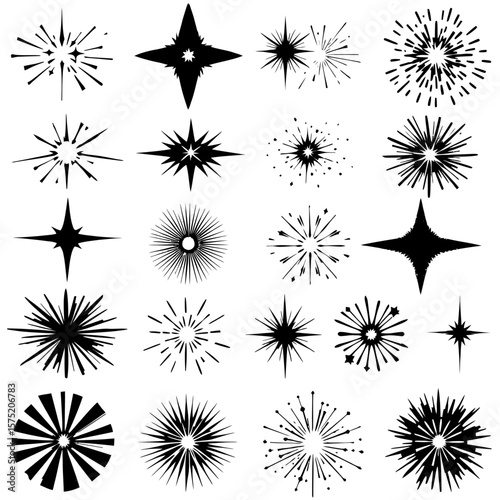 A dynamic collection of vector fireworks in PNG format, showcasing diverse starburst designs suitable for celebratory graphics and festive visual effects, perfect for overlays.