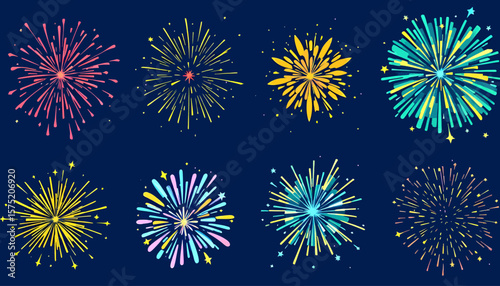 Vibrant fireworks vector set on a dark blue background, perfect for adding a festive touch to celebrations and special events with dynamic burst elements.