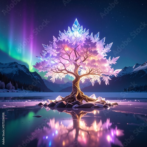 A majestic tree stands tall, adorned with vibrant purple leaves that shimmer in the sunlight, creating a stunning contrast against a clear blue sky.