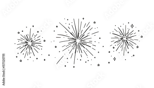 Minimalist vector illustration of three stylized fireworks bursting with radiating lines and scattered stars on a clean white background.
