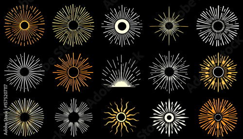 A versatile collection of stylized vector sunbursts and starbursts, resembling decorative fireworks bursts, isolated on a dark background.