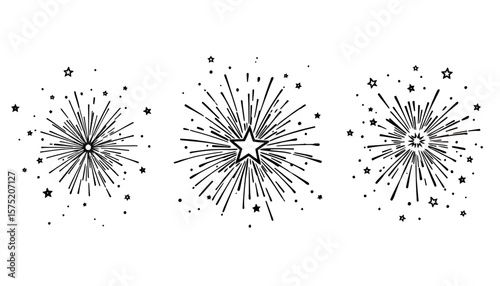 A collection of hand-drawn fireworks illustrations in vector format, perfect for adding a celebratory touch to designs with transparent backgrounds and versatile use.