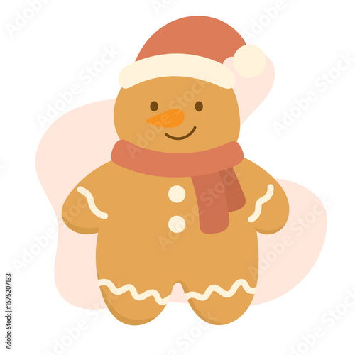Gingerbread snowman with red scarf and Santa hat, snowman smiling in cute style, snowman perfect for festive icons, cards, and children holiday visuals.