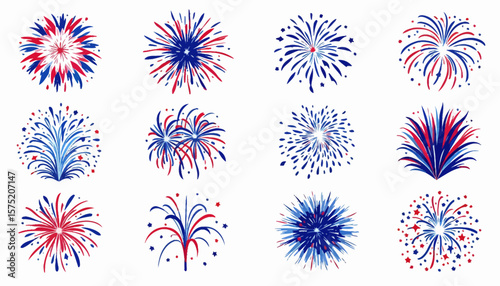 High-quality vector PNG illustrations of twelve vibrant fireworks bursts in red, white, and blue, ideal for celebratory designs and festive projects. Perfect for 4th of July, New Year's Eve, or any