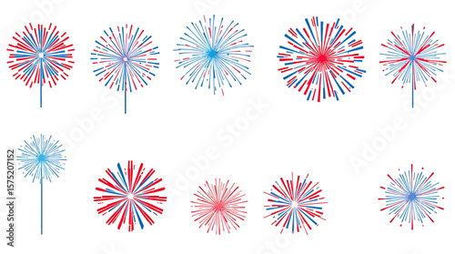 A collection of vector fireworks in red, white, and blue colors, perfect for Fourth of July celebrations, patriotic designs, or any festive event requiring a burst of color.