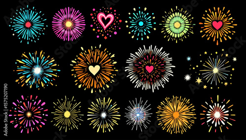 Vibrant vector fireworks in PNG format create a festive and celebratory atmosphere, perfect for adding a touch of sparkle to any design project or event.